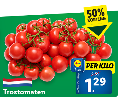50% korting met Lidl Plus: 1 kilo trostomaten voor 1.29