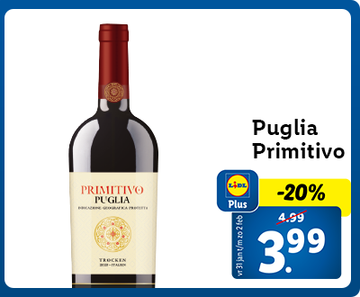 20% korting met Lidl Plus: Puglia Primitivo nu voor 3.99