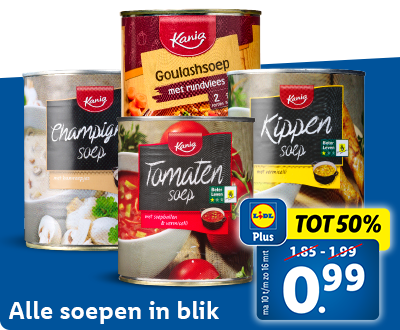 Tot 50% korting met Lidl Plus: alle soepen in blik nu voor 0.99