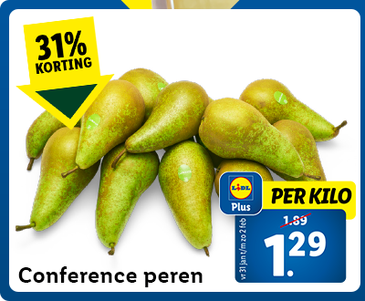 31% korting met Lidl Plus: Conference peren per kilo nu voor 1.29