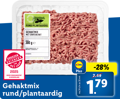 28% korting met Lidl Plus: gehaktmix rund/plantaardig nu voor 1.79