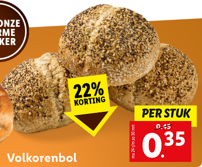 22% korting: Volkorenbol nu voor 0.35 per stuk