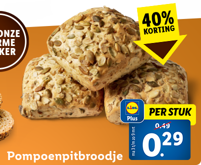 40% korting op een Pompoenpitbroodje: nu voor 0.29 per stuk