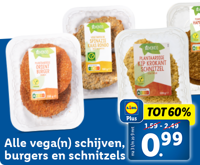 Tot 60% korting met Lidl Plus: alle vega(n) schijven, burgers en schnitzels nu voor 0.99