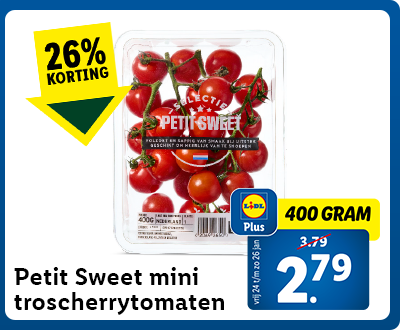 26% korting met Lidl Plus: 400 gram petit sweet mini troscherrytomaten voor 2.79