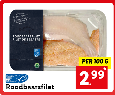 Actie: Roodbaarsfilet nu voor 2.99 per 100 gram*