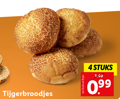 4 stuks Tijgerbroodjes, nu voor 0.99