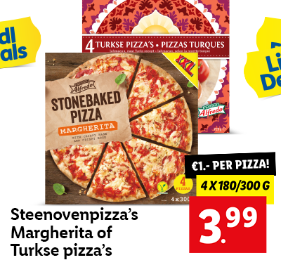 Margherita steenovenpizza's of Turkse pizza's: 4x180/300 gram voor 3.99!