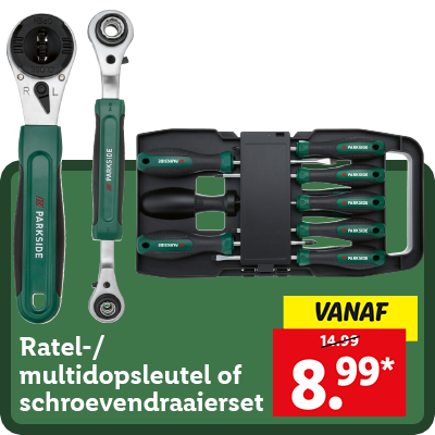 Ratel-/multidopsleutel of schroevendraaierset nu voor 8.99*