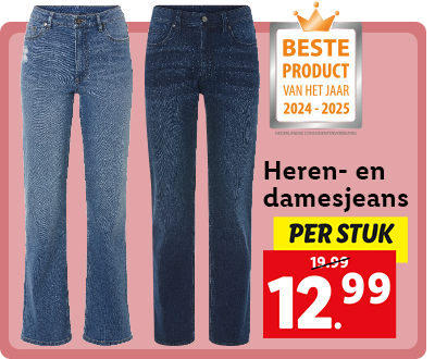 Heren of damesjeans in meerdere varianten: nu voor 12.99 per stuk