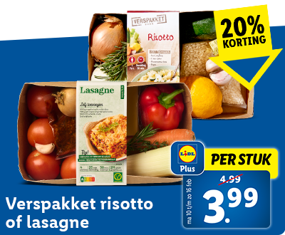 20% korting met Lidl Plus: Verspakket risotto of lasagne nu voor 3.99