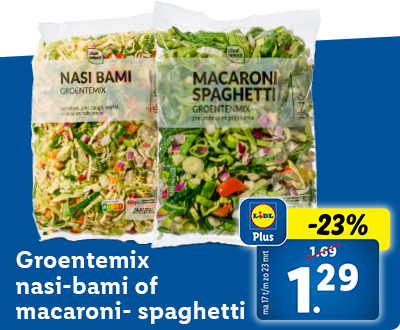 23% korting met Lidl Plus: Groentemix nasi-bami of macaroni-spaghetti nu voor 1.29