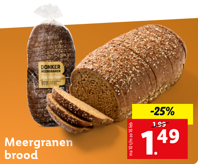 25% korting op Meergranen brood: nu voor 1.49