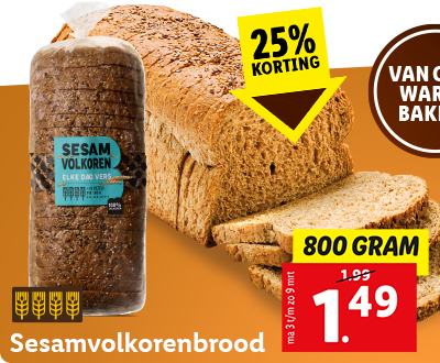 25% korting op Sesamvolkorenbrood: nu voor 1.49