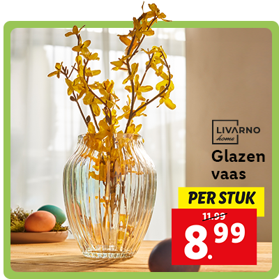 Glazen vaas: 8.99 per stuk