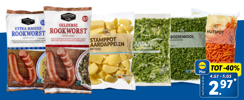 Tot 40% korting met Lidl Plus op je stamppot: een volledige andijviestamppot of hutspot voor 2.97*