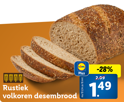 28% korting met Lidl Plus: Rustiek volkoren desembrood 1.49 per stuk