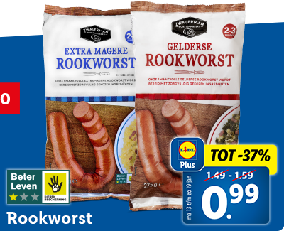 Tot 37% korting met Lidl Plus: rookworst nu voor 0.99