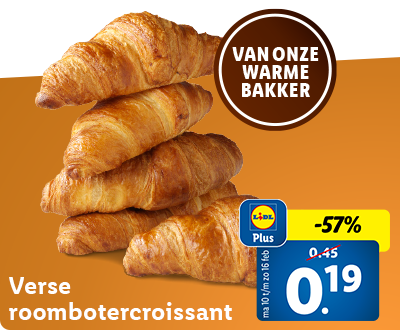 57% korting met Lidl Plus: Verse roombotercroissant nu voor 0.19 per stuk