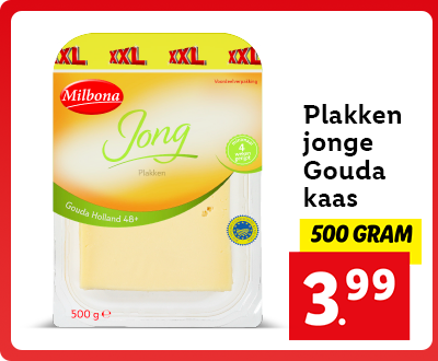 XXL: 500 gram jonge Gouda plakken kaas nu voor 3.99