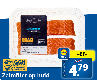 €1.- korting met Lidl Plus: zalmfilet op huid nu voor 4.79