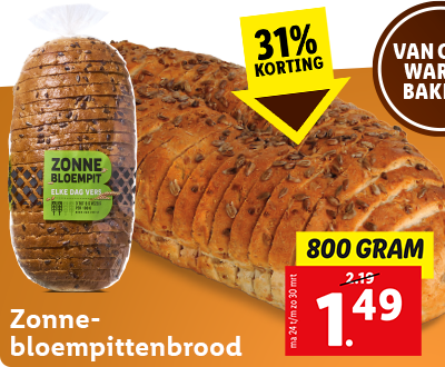 31% korting: zonnebloempitbrood 1.49 per brood