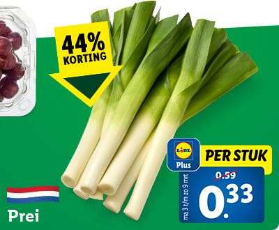 44% korting op prei met Lidl Plus: 0.33 per stuk
